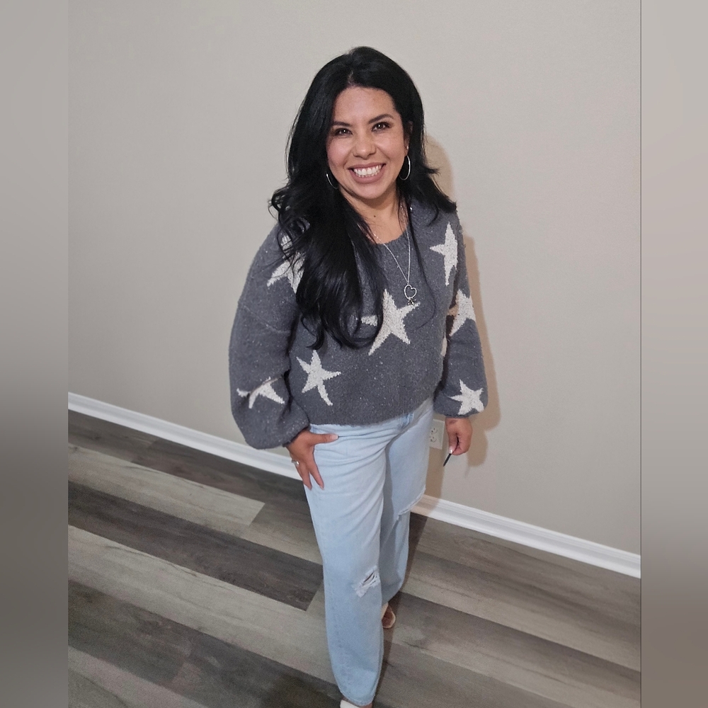 Altar'd State Gray and White Star Crew Neck Sweater